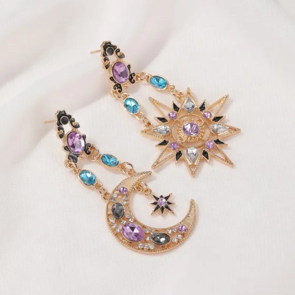 chichigems Jewelry - Ornate Baroque Celestial Moon & Star Blue Purple Rhinestone Gold Dangle Earrings